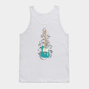 Teal T-Style Electric Guitar Flowering Vines Tank Top